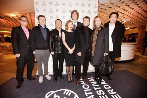 Opening of the International Film Festival Rotterdam 2012. From left; Takashi Miike, Michel Gondry, Wang Xiaoshuai, Sophie Quinton, festival director Rutger Wolfson, 38 Witnesses director Lucas Belvaux and starNicole Garcia, Patrick Sobelman.